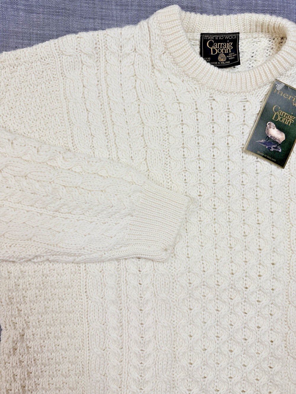 Carraig Donn 100% Merino Wool Cable Knit Aran Irish Sweater Cream Ivory Large